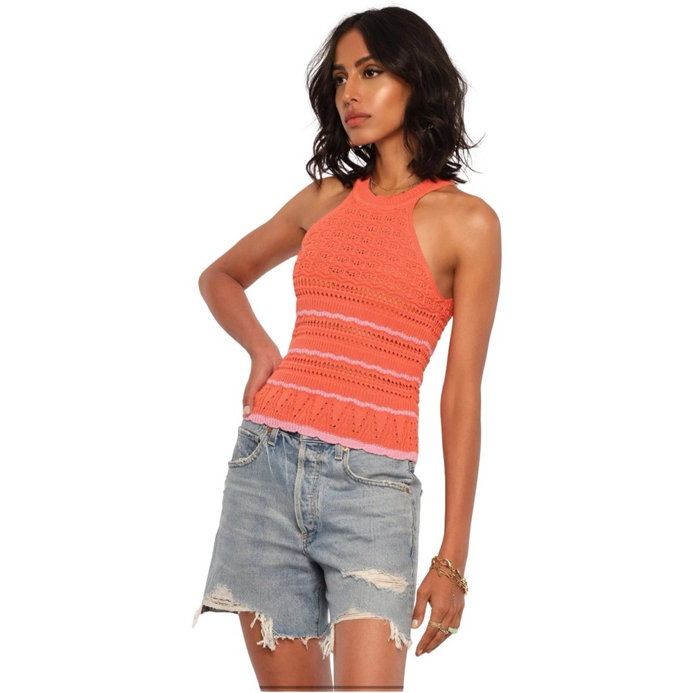 Heartloom Women Mione Coral Pink Stripe Crochet Knit Sleeveless Halter Top Large